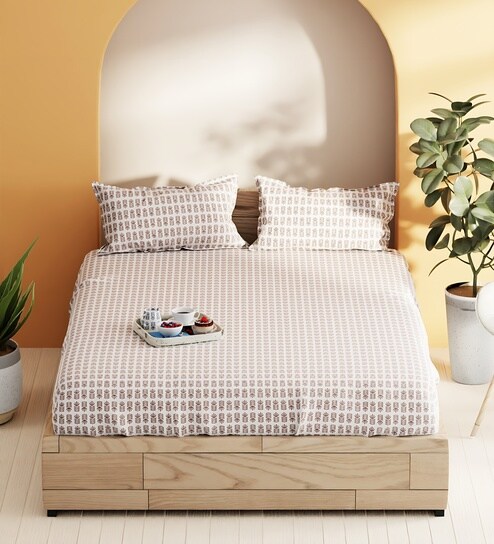 Laquasa Brown & Ecru 100% Cotton Floral Queen Size Bedsheet with 2 Pillow Covers